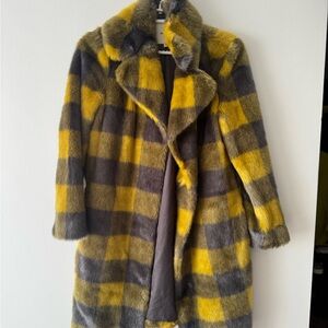 Yellow & purple/ Gray Plaid Faux-Fur Coat - Women's Statement Outerwear